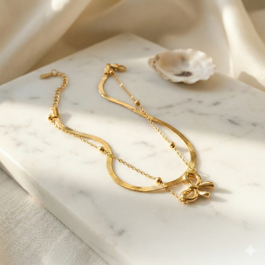 Anti-Tarnish Gold Bow Charm Necklace – Layered with Snake Chain